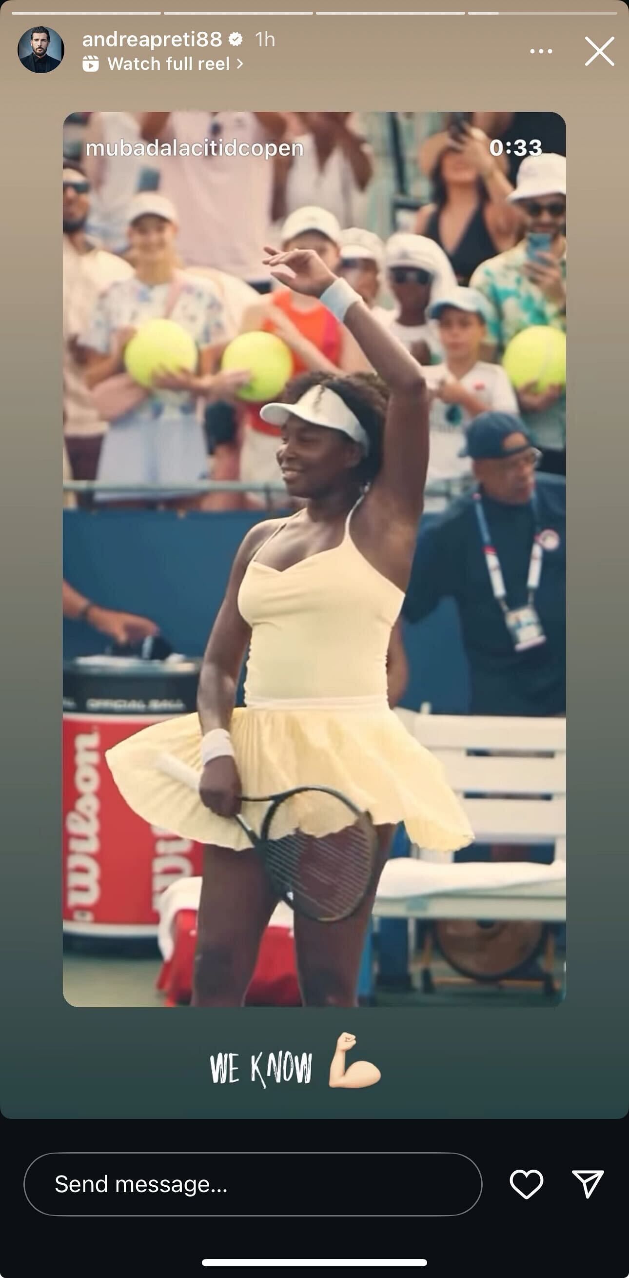 Preti's Instagram Story featuring Williams' twirl after her first-round doubles win in Washington (Source: Instagram/andreapreti88)